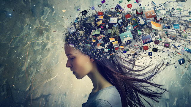 powerful visual metaphor of social media addiction, with a young woman's head bursting open from the pressure of excessive information.information illustrated by a young woman's brain exploding .