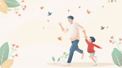 A stylish Father's Day illustration of a father and child playing together, set against a simple mockup background, with clear areas for personalized messages.
