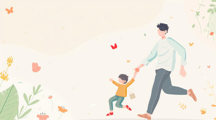A stylish Father's Day illustration of a father and child playing together, set against a simple mockup background, with clear areas for personalized messages.