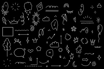 Doodle heart, arrow, star, sparkle decoration symbol set icon. Doodle cute glitter pen line elements chalkboard.