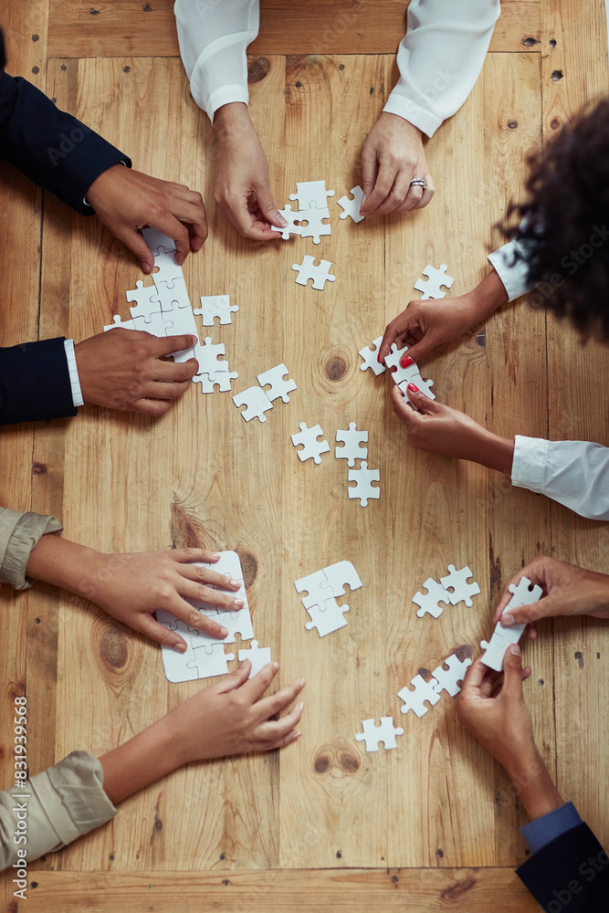 Poster people, puzzle and problem solving with teamwork, trust and partnership for workplace synergy. hands