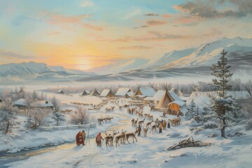 reindeer are located next to the yurt in winter