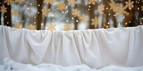 White sheets on a clothesline with snowwhite snowflakes. Concept Winter Wonderland, Snowy Landscape, White Sheets Photography, Snowflake Decorations, Cozy Outdoor Photoshoot