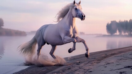A powerful white horse gallops freely along a riverside sandbank, with the morning mist rising from...