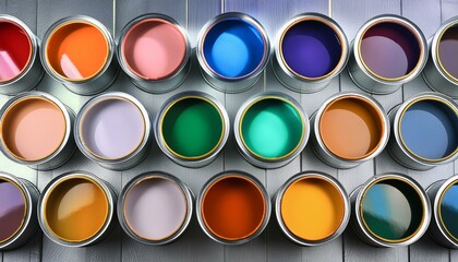 Artistic Inspiration: Row of Paint Cans Laden with Various Shades