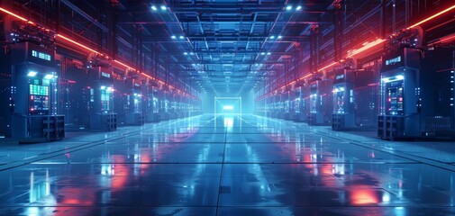 Futuristic data center with glowing lights, filled with server racks in a highly secure environment, reflecting a high-tech digital infrastructure.