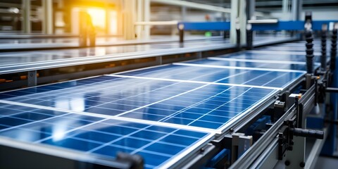 Automated manufacturing process uses smart conveyor system to assemble solar panels. Concept Manufacturing process, Smart conveyor system, Solar panels assembly, Automation technology