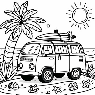 recommend clip art: Beach Van with Surfboard Coloring Page for Kids