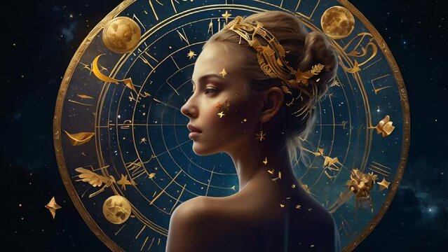Beautiful woman astrology background, wheel forecast