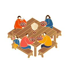 Adults and kid sitting by a big table having the glutinous rice ball