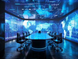 Futuristic conference room with digital screens and a dark blue ambiance showcasing high-tech visuals and global connectivity.