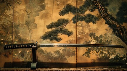 日本刀の背景に日本画　AI