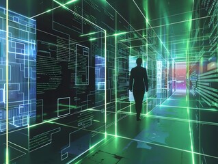 Silhouette of a person walking through a futuristic digital tunnel with green lights and holographic interfaces.