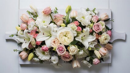 Top view of wedding flowers on white wood background