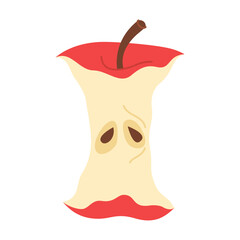 Red  Apple Core. Hand drawn trendy flat style isolated on white. Apple eaten cartoon image art. Healthy vegetarian snack, apple core for design, infographic. Vector illustration