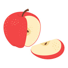 Obraz premium Sliced ​​red apple with apple wedge cartoon set. Cross section of cut apple, slices fruit, Hand drawn trendy flat style isolated on white. Vector illustration