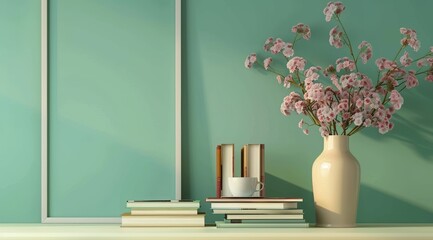 mockup of blank wooden frame with copy space on the table in modern interior design, vase flowers and books on soft pastel green wall background. Concept of interior decoration and furniture design. 