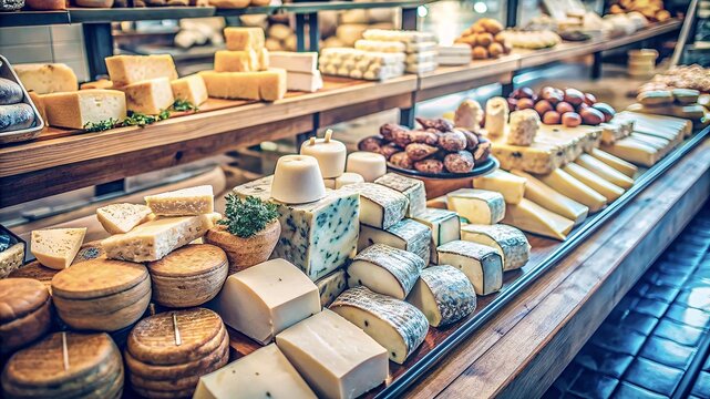 A rustic farm store presents a delightful array of artisanal cheeses. From creamy bries to robust cheddars, the counter is a symphony of textures and flavors.