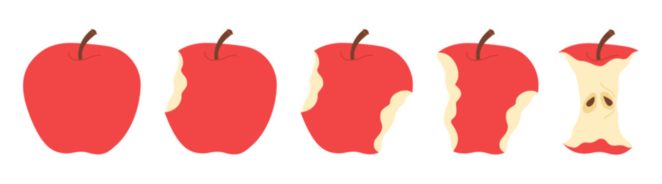 Apple eating steps cartoon icon set. Stages of biting red ripe apple from whole to half and core, bite progression cartoon set sequence animation of eaten fruit. Trendy flat style vector illustration