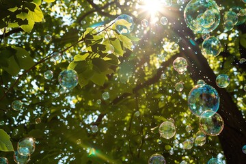 Sunlight filters through green leaves as bubbles float among the trees, creating a magical, serene atmosphere in the forest.