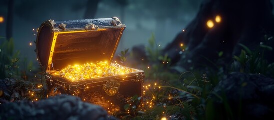 A treasure chest containing shining gold coins in the wilderness. Concept of wealth, discovery, and historical adventures. Treasure chest 3D illustration
