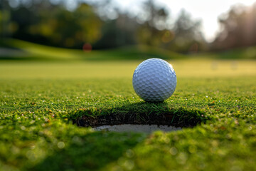 Close-up golf ball on tee with blur green bokeh background. ai generated