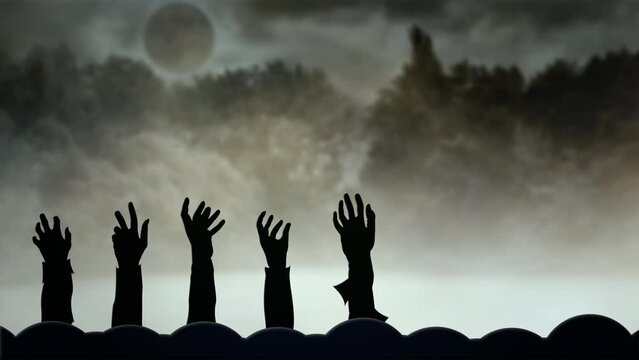Zombie hands crawl out of the ground in the swamp and fog. The concept of raising the dead. Video animation for Halloween.