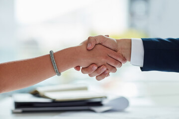 Agreement, business people and handshake in office as welcome, greeting and impression in interview. Professional, employees and shaking hands for b2b deal, introduction and thank you in workplace © NonVig/peopleimages.com