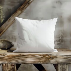 blank Pillow Mockup, wooden table background, photorealistic