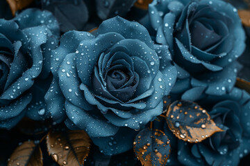 fresh blue roses close up, water on petals with gold texture