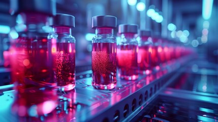 Close-up of red liquid vials in a scientific laboratory setting, showcasing modern pharmaceutical or medical research and development equipment.