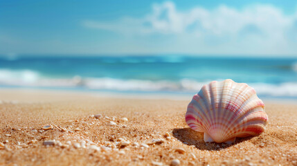 there is a shell on the sand near the ocean