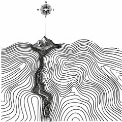 a black and white drawing of a mountain with a star on top