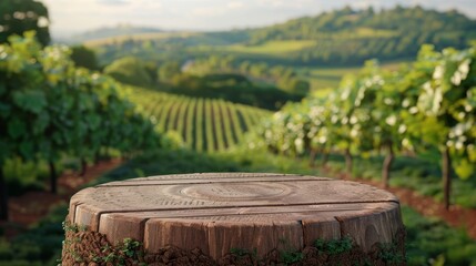 Close-up of a tree stump overlooking a vibrant vineyard landscape with rows of grapevines and distant rolling hills.