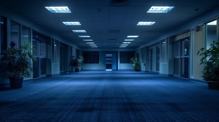 indoor playground, lush, ethereal, space, corporate, in the style of 80s pomo, empty, carpet taken with leica m6 at 1am, office lights