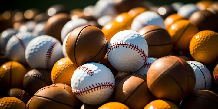 Assorted sports balls in a large pile for sport-themed recreation - A display of diverse sports equipment. Concept Sports Balls, Recreational Equipment, Variety of Sports, Active Lifestyle