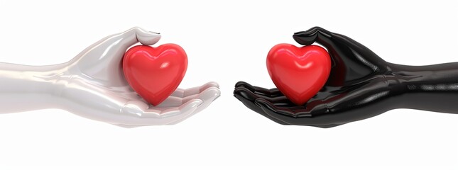 3d render black and white hands holding red heart.isolated on white background