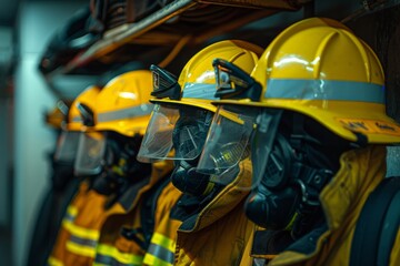 Fototapeta premium Close-up of the firefighters' personal protective equipment, with helmets and jackets neatly placed, showcasing their readiness for emergencies