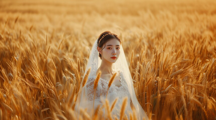bride in a wheat field with veil and veillet