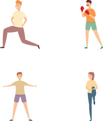 Sport school icons set cartoon vector. People doing physical exercise. Fitness or physical training
