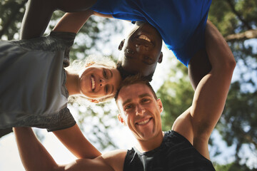 Fitness, portrait or friends in nature for huddle for running exercise, training or outdoor workout...
