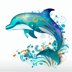 dolphin jumping out of the water with colorful swirls and bubbles