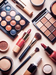 An exquisite collection of everyday cosmetics elegantly laid out on a dressing table. The assortment, featuring lipsticks, brushes, and nail polish.