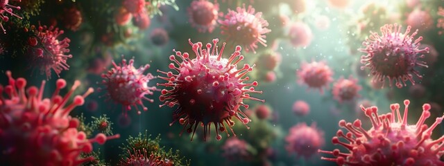 A high-resolution micrograph of virus particle. The image should be in red tone, with the spherical core and spiky protein envelope clearly visible.