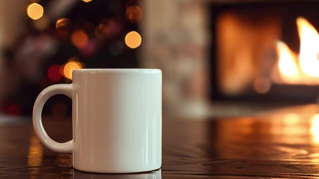 Close-up of a white color 11oz Mug on table with  Fireplace background