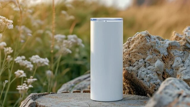 Close-up of a white color 20oz Straight Skinny Tumbler includes a lid on stone in Grass background, product mockup