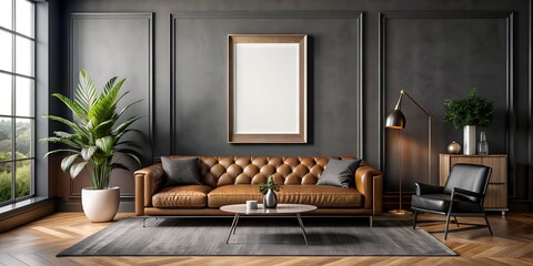 Mock-up poster frame in modern home interior of luxury living room with black walls, stylish leather furniture, industrial minimalism
