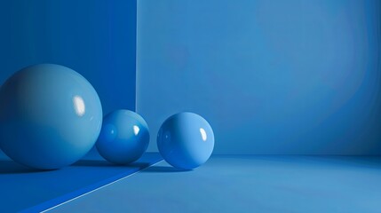 A blue background with three spheres of different sizes