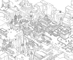 a drawing of a city with a lot of buildings and a lot of people