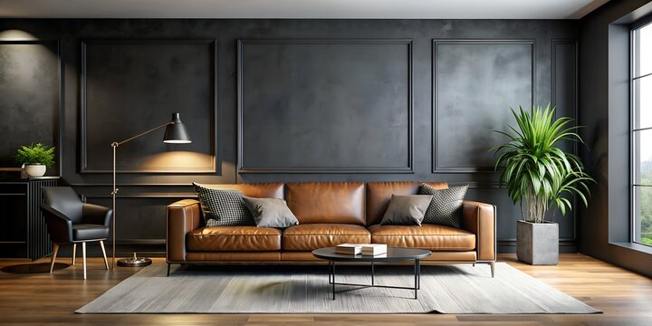 Wall mock-up in modern interior of luxury living room with black walls, stylish leather furniture, industrial minimalism